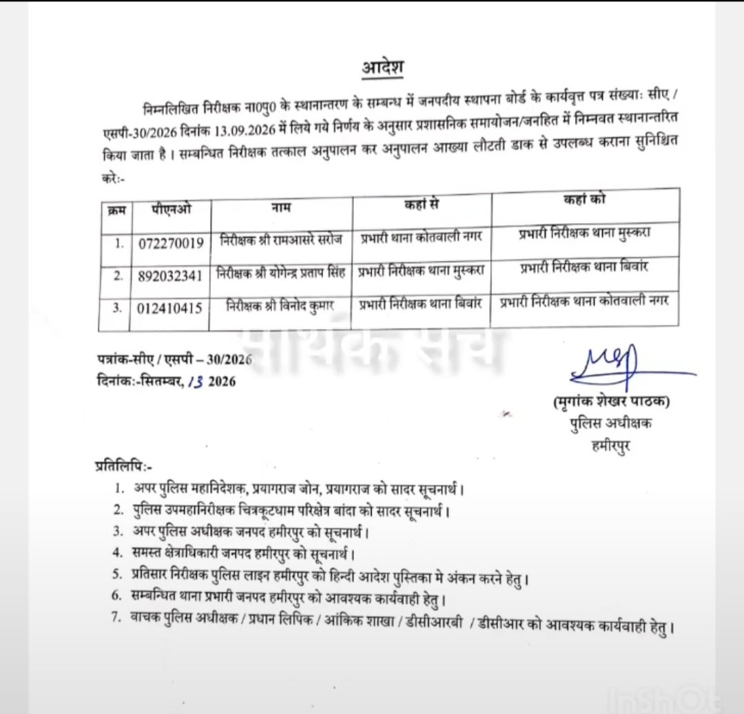 MradulkantP's tweet photo. हमीरपुर। पुलिस अधीक्षक (SP) मृगेंद्र शेखर पाठक ने जनहित में बड़ा प्रशासनिक फेरबदल करते हुए तीन प्रभारी निरीक्षकों (Inspectors) के कार्यक्षेत्र में बदलाव किया है। कानून व्यवस्था को और मजबूत करने के लिए देर रात यह आदेश जारी किए गए।
@HamirpurSp @hamirpurpolice @Uppolice https://t.co/RqJNEO2BMd