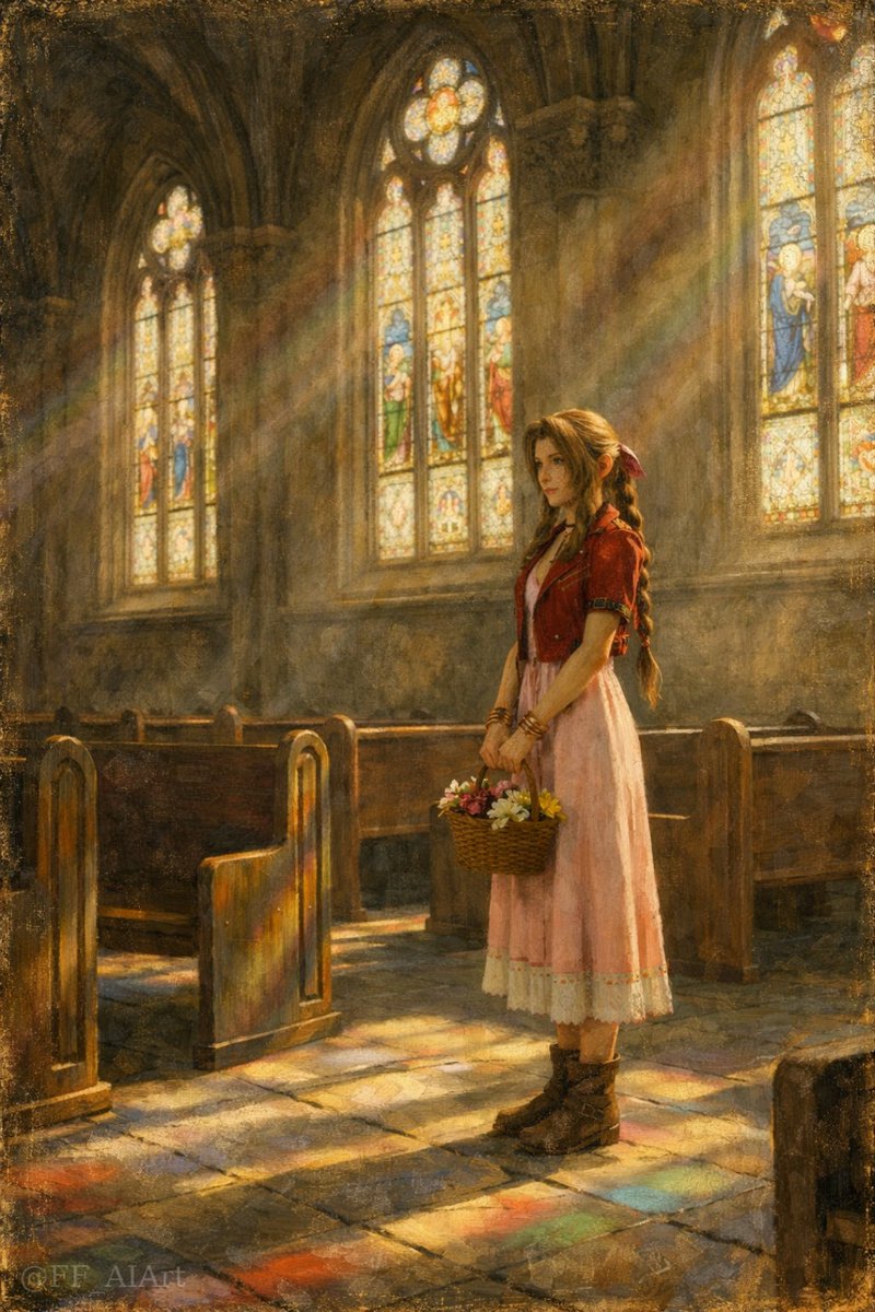FF_AIArt's tweet photo. This church... it’s a special place.

#FFVII #FF7 #FF7R #Aerith https://t.co/ujzYsJW8zu