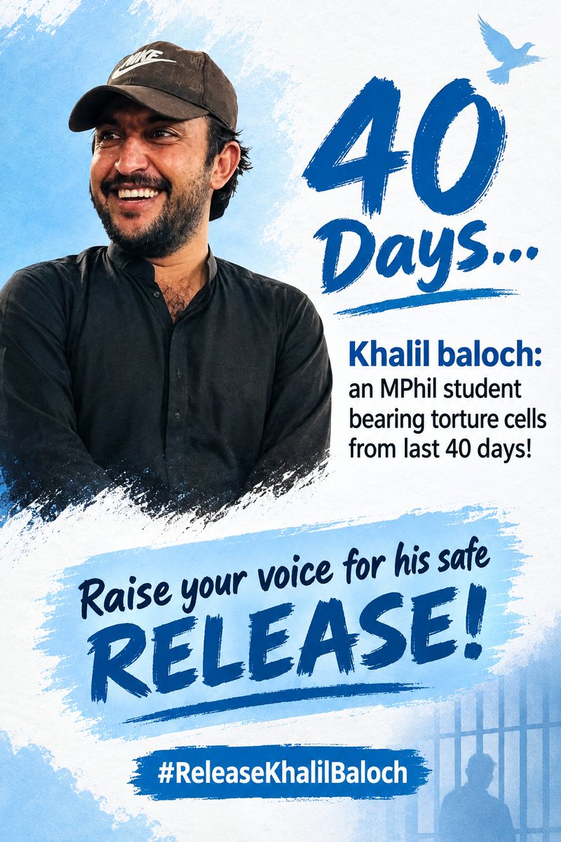 ReleaseKhalil's tweet photo. 40 Days...  
  
Khalil baloch: an MPhil student bearing torture cells from last 40 days!  
  
Raise your voice for his safe RELEASE!  
  
#ReleaseKhalilBaloch 
#SaveBalochStudents https://t.co/YGS2HLPqgj
