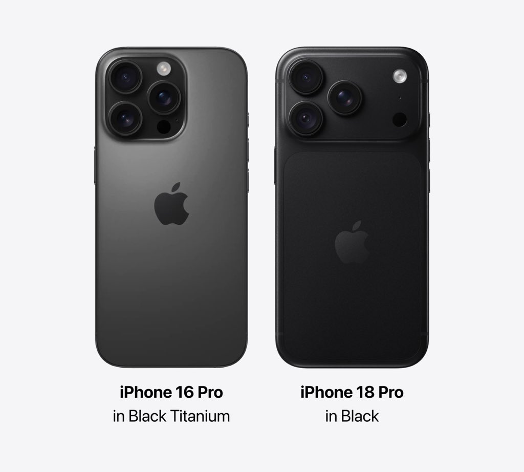 theapplecycle's tweet photo. iPhone 16 Pro in Black Titanium vs. iPhone 18 Pro in Black. https://t.co/5eb9L5glcZ