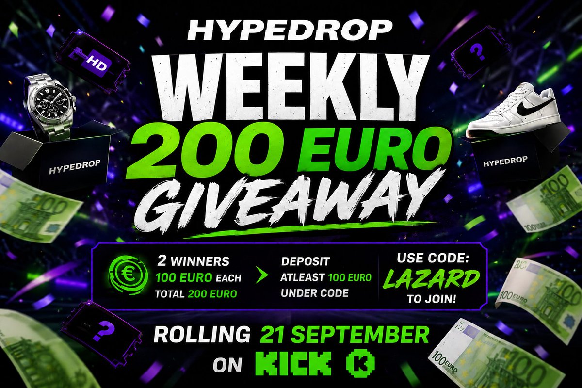 LaZardSyndicate's tweet photo. 💰200 EURO WEEKLY HYPEDROP

🏆2 winners of 100 euro!

✅RT + tag 1 (random RT 20 euro)

⤵️To join up deposit atleast 100 euro before 9 september and post proof in discord

https://t.co/jENDqtwpl4

🏁5000 Euro Monthly leaderboard on the website #giveaway #hypedrop #leaderboard https://t.co/qD2WjPjKPF