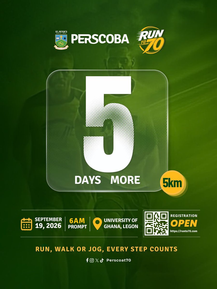 Perscoat70's tweet photo. The countdown is ON
5 days until we lace up, show up, and Run To 70
The finish line is calling, Are you ready?
FULLY ACTIVE
#RunTo70
#70ishere
#iamperscoba https://t.co/a5aOK69Ktm