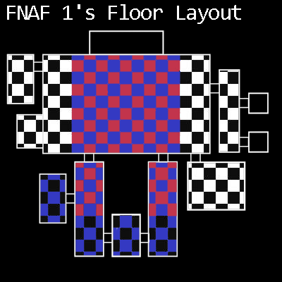 lilymcmob's tweet photo. To close this and wrap it with a bow, here is the FNAF 1 layout and the colours of the tiles to go with it. Is it weird? Yes. But this is what it is in FNAF 1. The sides of the dining area remain black and white because of Pirate's cove. https://t.co/LTldwvTurG