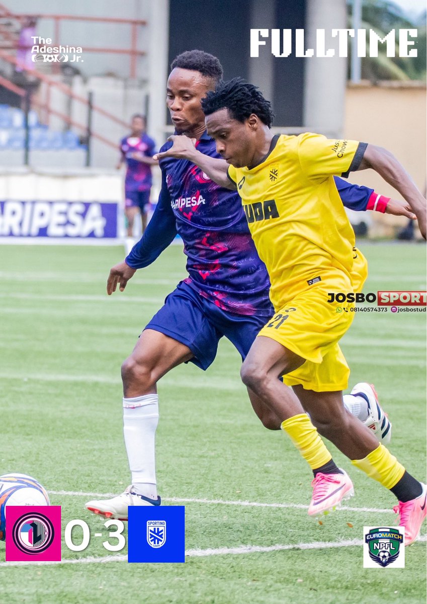 adeshin__jr's tweet photo. FULL-TIME!
Sporting Lagos win the first top-flight Lagos Derby in 10 years in style!
Inter Lagos 0-3 Sporting Lagos
📸: @josbo007
#NPFL27 #INTSPO https://t.co/cA4ktmt4Hc