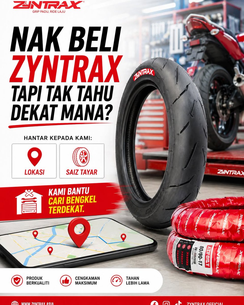 AndreaRoerc09b's tweet photo. Nak beli ZYNTRAX tapi tak pasti bengkel mana ada stok? Hantar lokasi anda dan saiz tayar seperti 90/80-17 atau 120/70-17. Kami akan cadangkan dealer atau bengkel ZYNTRAX terdekat. Mudah, cepat, terus boleh ride. PM kami sekarang. https://t.co/3qlwa5N4OQ