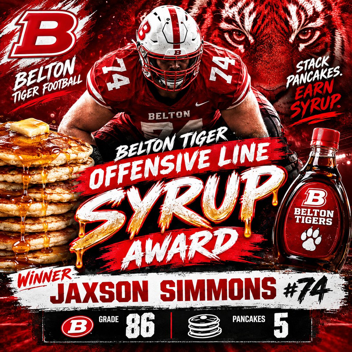 ElrodCoach's tweet photo. Week 3 Belton Syrup Award Winner is Jaxson Simmons. @Simmo49556Jaxon @CoachHayhurst @BeltonTigerFB @BeltonTigerABC https://t.co/IfglLZy9cd