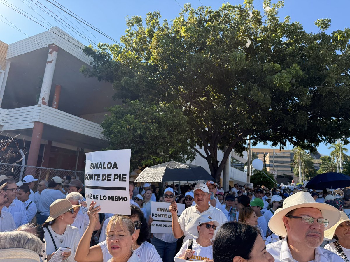 HebMT's tweet photo. La marcha por la paz de hoy en #Culiacán estuvo muy nutrida. Todo en tranquilidad, orden y respeto. Se vieron muchas personas que antes no se habían unido a la protesta: grupos de la iglesia, madres buscadoras, empresarios, familias con sus pequeños periodistas marchantes, activistas, hasta personajes políticos pero hay que decirlo, sin mostrar colores. 

Soy de la idea de que la voz ciudadana puede ser tan potente e influyente como nosotros estemos dispuestos que sea. 

A Rocha Moya terminaron dándole la espalda, tanto la presidenta que lo cobijaba como su grupo político que le vitoreaba “no estás solo” en parte por este hartazgo y manifestación ciudadana. ¿Por qué tendríamos que abandonar y ceder nuestra voz?
