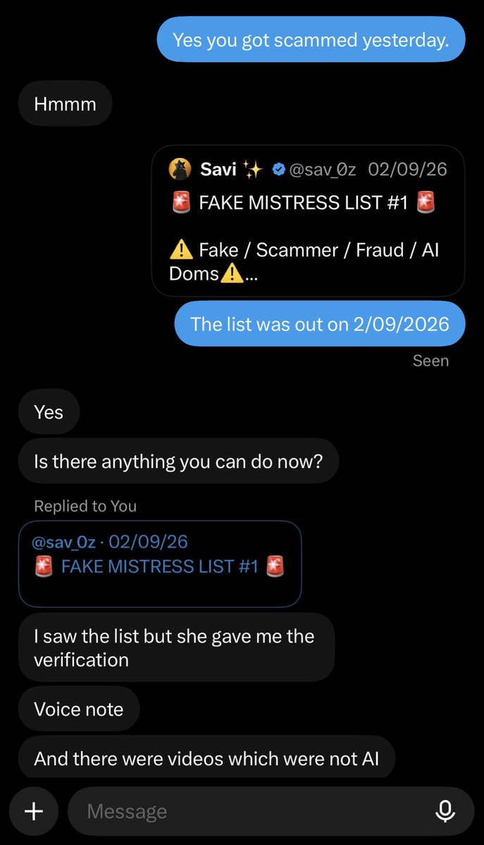 Savi_j4t's tweet photo. One sub ignored our scammer-dom list and ended up getting scammed by one of the particular doms. Apparently, she provided him with verification. As we mentioned, there are multiple doms on that list whose accounts actually belong to females, but they are known for scams. We clearly advised everyone not to approach them, but he did anyway, and as a result, he got scammed.

A lesson for everyone: don’t ignore the warnings.

#findom #femdom