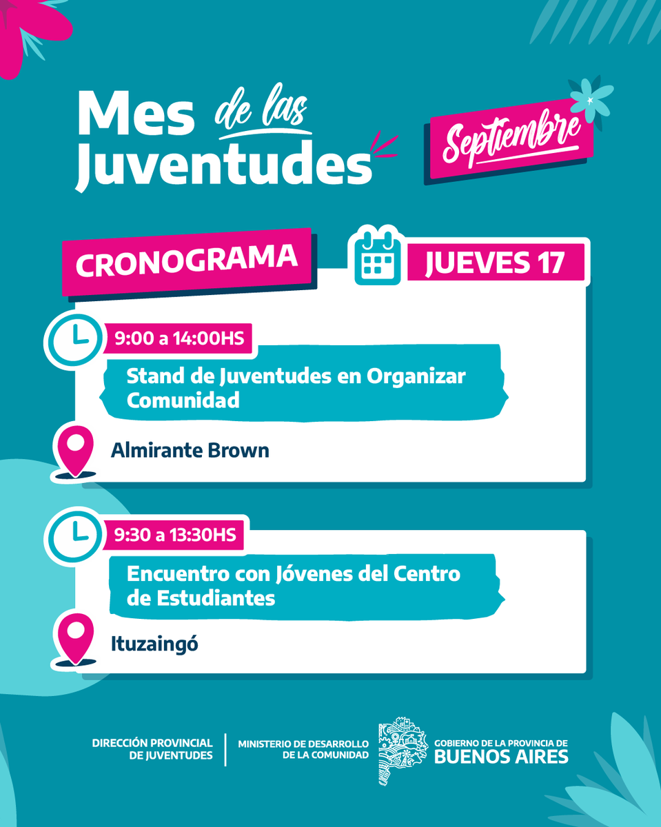MinDesarrolloBA's tweet photo. #MesDeLasJuventudes ❤️😎🌈🎶🎬🎉🎭

¡Septiembre viene con todo! 🙌

Actividades recreativas, propuestas culturales y espacios de encuentro para disfrutar y construir la Provincia que las juventudes se merecen.

📲 Mirá el cronograma para conocer la agenda de actividades y sumate. https://t.co/iuhSwcbzxg