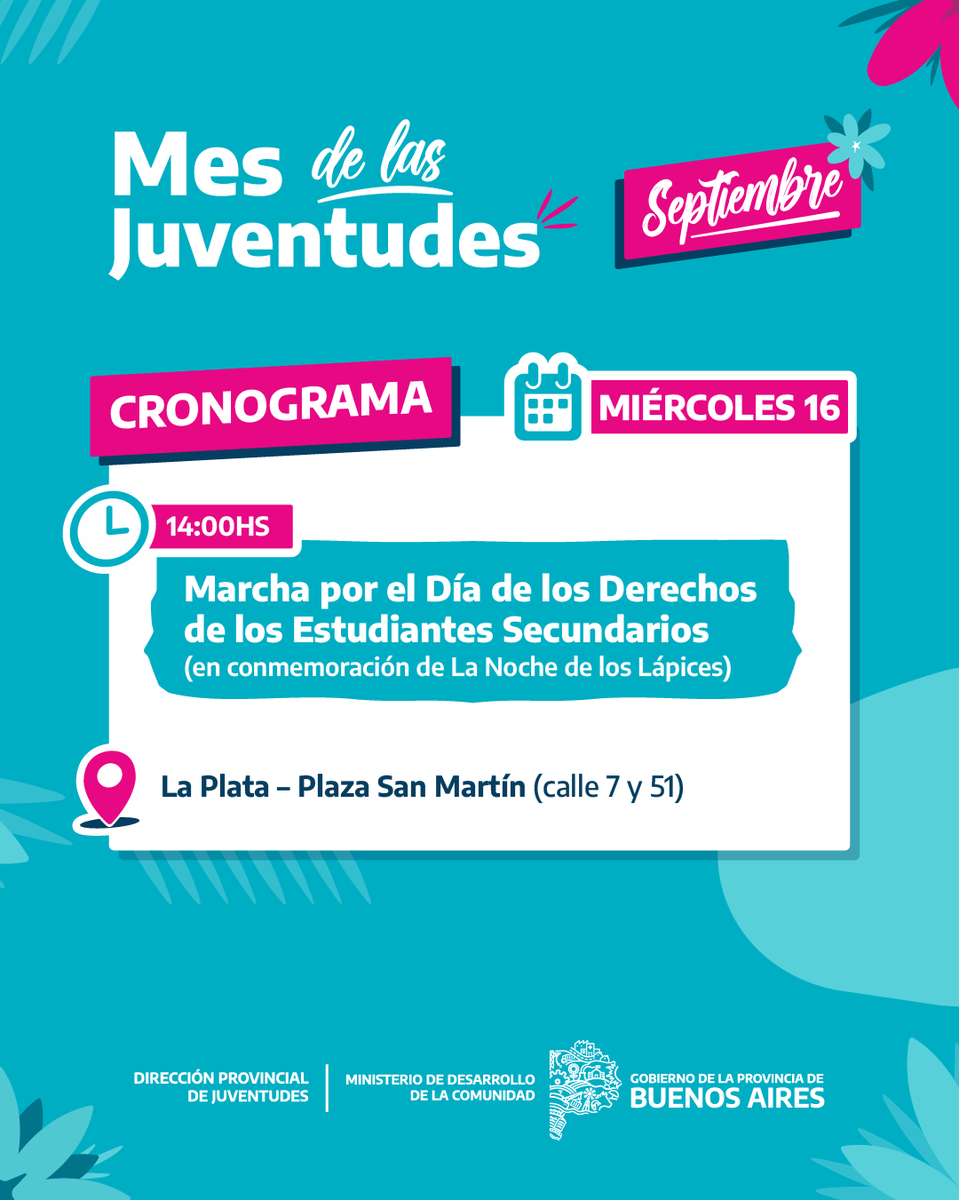 MinDesarrolloBA's tweet photo. #MesDeLasJuventudes ❤️😎🌈🎶🎬🎉🎭

¡Septiembre viene con todo! 🙌

Actividades recreativas, propuestas culturales y espacios de encuentro para disfrutar y construir la Provincia que las juventudes se merecen.

📲 Mirá el cronograma para conocer la agenda de actividades y sumate. https://t.co/iuhSwcbzxg