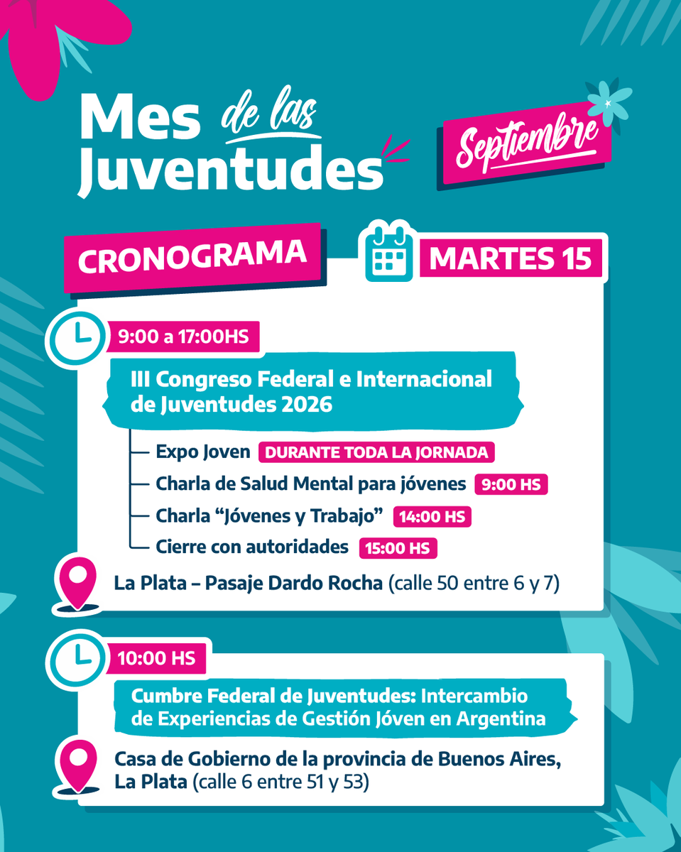 MinDesarrolloBA's tweet photo. #MesDeLasJuventudes ❤️😎🌈🎶🎬🎉🎭

¡Septiembre viene con todo! 🙌

Actividades recreativas, propuestas culturales y espacios de encuentro para disfrutar y construir la Provincia que las juventudes se merecen.

📲 Mirá el cronograma para conocer la agenda de actividades y sumate. https://t.co/iuhSwcbzxg