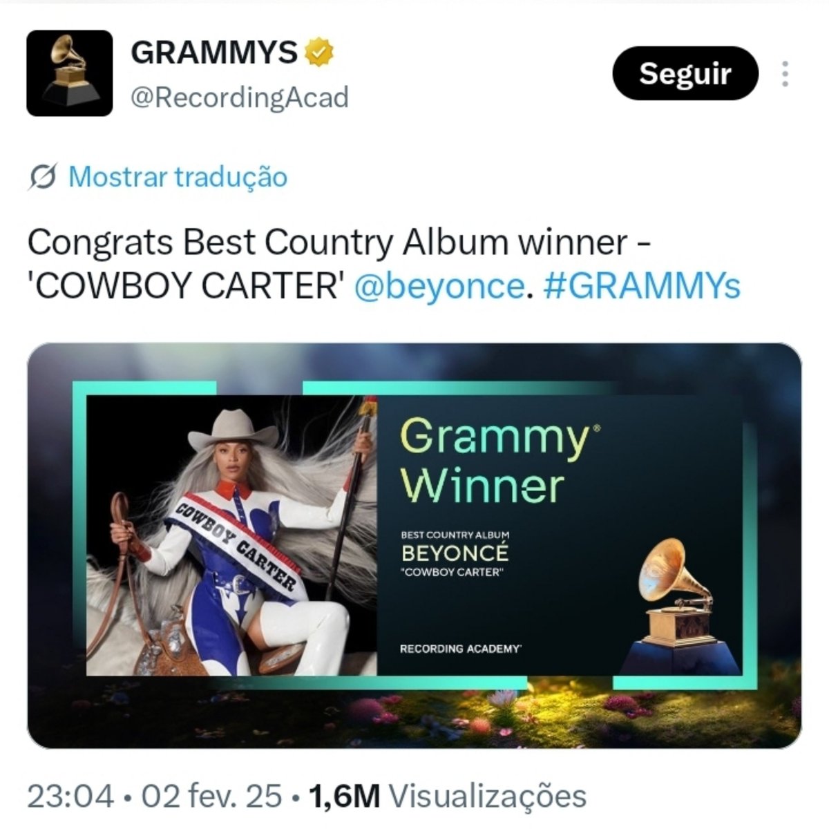 beyonceaccess's tweet photo. O GRAMMYs moveu “Cowboy Carter” para a categoria recém-criada de Melhor Álbum Country Contemporâneo, apesar de o álbum ser o último vencedor da antiga categoria de Melhor Álbum Country, que, “coincidentemente”, foi extinta após a vitória de Beyoncé em 2025.

A HISTÓRIA NÃO PODE SER APAGADA! @RecordingAcad