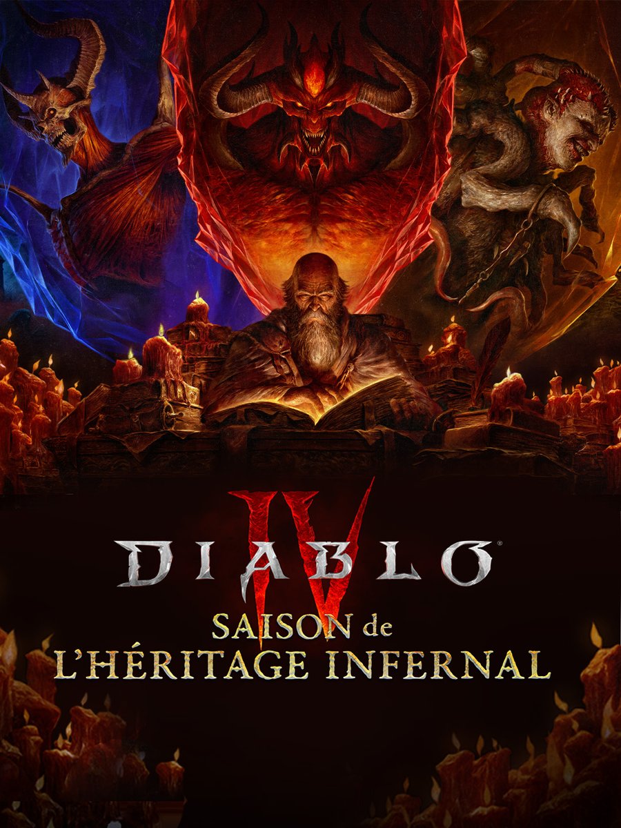 Deckard Cain, un homme barbu âgé, est assis et lit un tome antique. Son visage est éclairé par une bougie et la lueur des pages. Au-dessus de lui, trois démons à cornes se dessinent dans une fumée colorée. Au centre se dresse Diablo, un démon à la peau rouge et aux cornes courbées. À sa gauche se trouve Méphisto, un démon squelettique émacié. À sa droite, Baal, un démon au large sourire et enveloppé de chaînes. Le texte indique : « Diablo IV : saison de l’héritage infernal ».