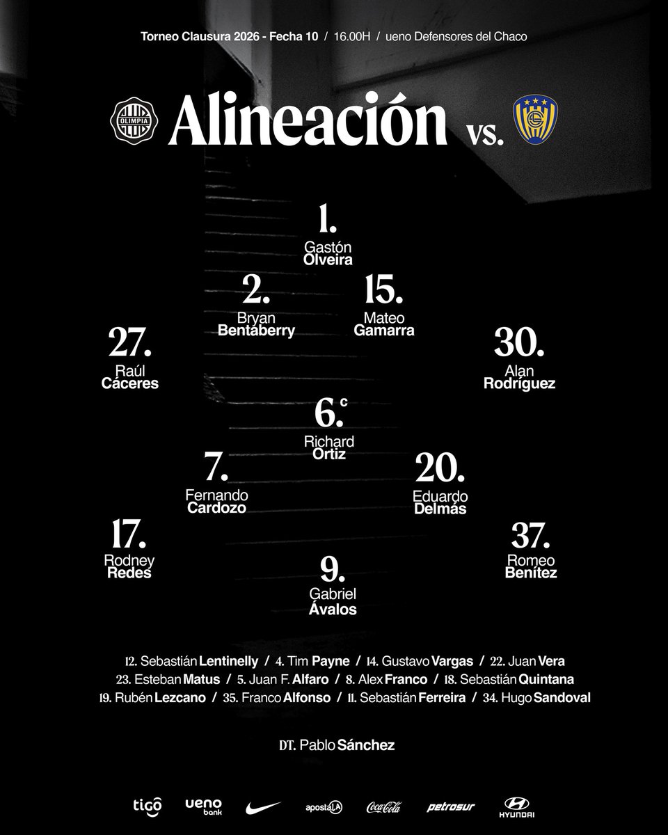 elClubOlimpia's tweet photo. 📋 𝐓𝐈𝐓𝐔𝐋𝐀𝐑𝐄𝐒 🆚️ Sportivo Luqueño en el Estadio ueno Defensores del Chaco.

¡Vamos, Rey de Copas! ⚔️ https://t.co/4Uk1SprP2d