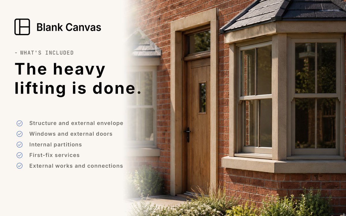 CustomBuildUK's tweet photo. So, how does Blank Canvas actually work?

We take care of the heavy lifting. You take control of the part that makes a house feel like your home.

Your Blank Canvas home is professionally built through the major construction stages — 
Then it’s over to you. https://t.co/wzvhNc3c6S