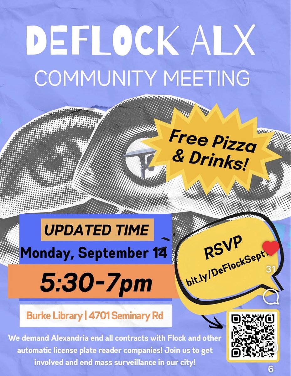 JusticeFwdVa's tweet photo. ALEXANDRIA: Dem leaders representing Alx allow harmful AI cameras to surveil their constituents. Show up to Burke Library—Monday, 9/14 from 5:30-7PM—for free pizza &amp; an info session. Learn about dangerous ALPRs with special guest expert Dr. Steven Keener. https://t.co/pwv9c93NVY https://t.co/QiOeVqHPXd