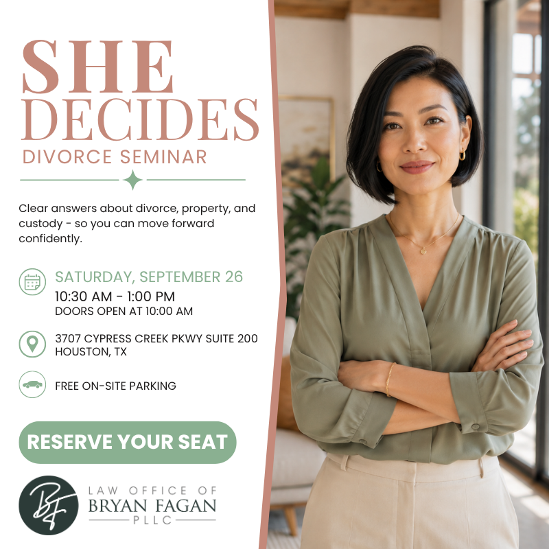 bryanfaganlaw's tweet photo. You deserve real answers, not just reassurance. 💜 She Decides: a free seminar for women navigating divorce — know your rights, ask the hard questions, leave with a plan. Sat, Sept 26. Register: https://t.co/8z7vyCl6XF #Divorce #HoustonTX https://t.co/RawyqwriAN