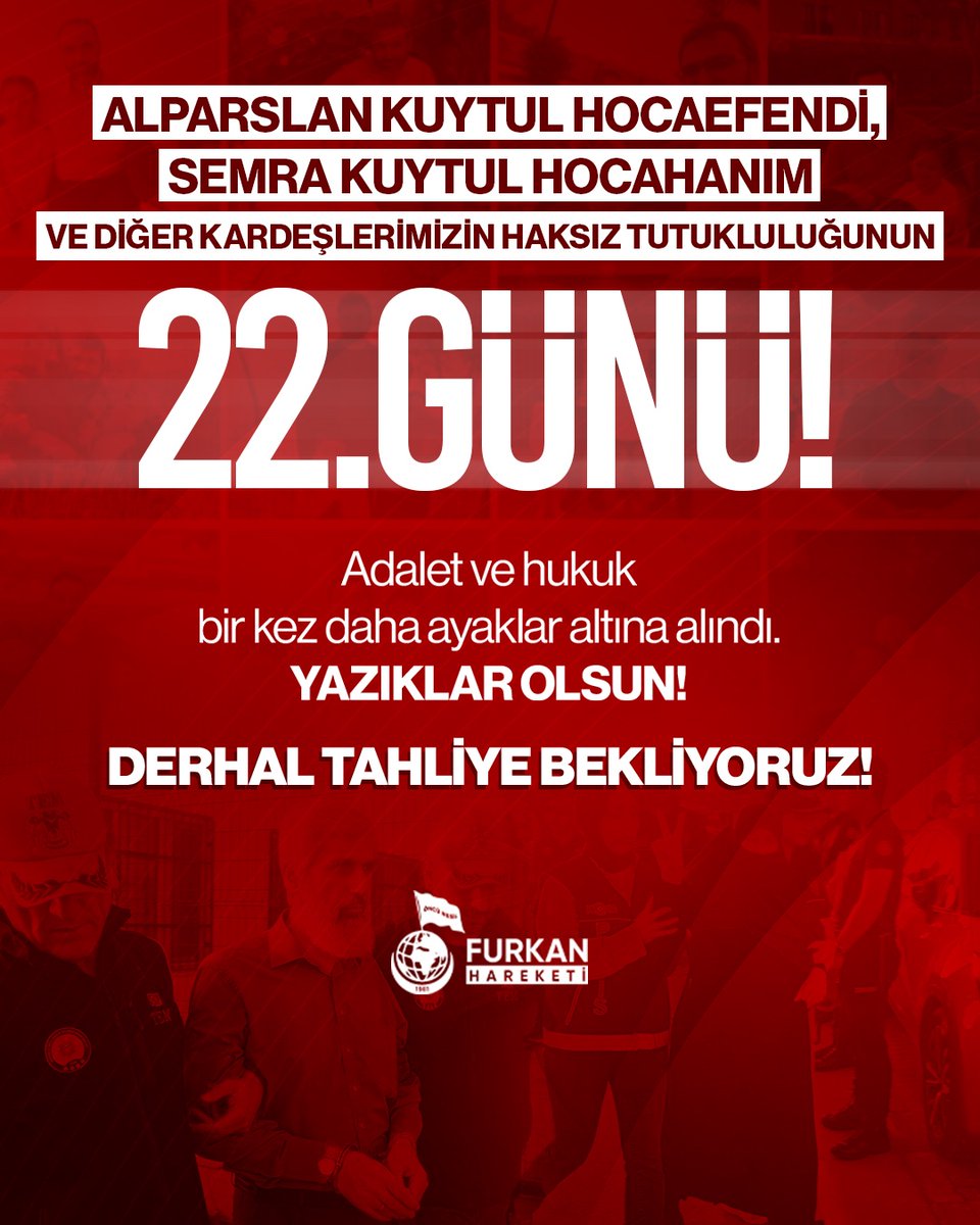 fhengellenemezz's tweet photo. Alparslan Kuytul Hocaefendi, Semra Kuytul Hocahanım ve diğer kardeşlerimizin haksız tutukluğunun 22. Günü! 

#YargıEliyleZulüm
Ozgürlük IçinMeydandayız
FurkanGönüllülerine Ozgürlük https://t.co/yBWlbwo4h9