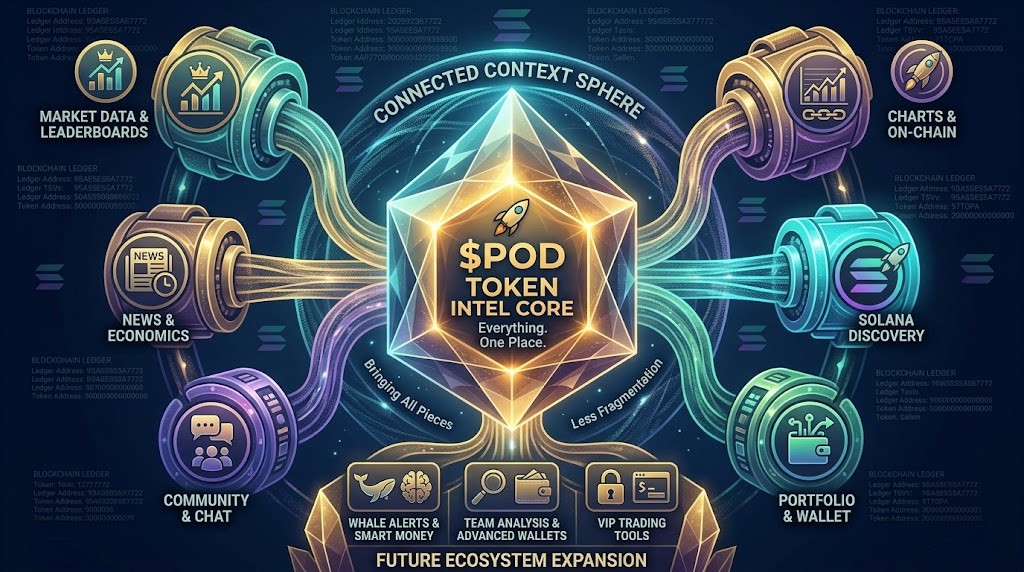 PodctoOfficial's tweet photo. Crypto shouldn’t feel like 10 different apps.

PODCTO brings the pieces together.

📊 Market data at a glance
💬 Token Rooms & community
📰 Real-time News
📈 Charts & On-Chain activity
🔥 Solana Memecoin discovery
👛 Portfolio & wallet intelligence
🏆 Leaderboards & market activity
📅 Economic Calendar

And the ecosystem keeps expanding with Smart Money, Whale Alerts, advanced wallet intelligence, exclusive PODCTO Team analysis and VIP trading tools.

The goal is simple:

Everything about every token, in one place.

$POD is at the center of a growing crypto intelligence ecosystem.