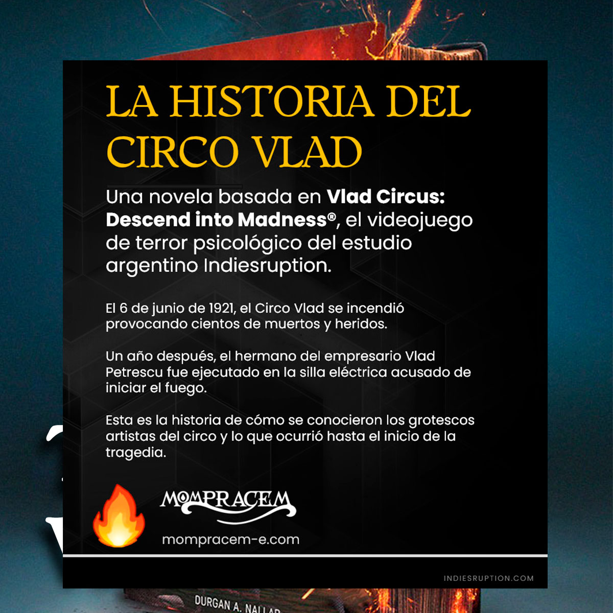Durgan's tweet photo. 🔥 Che, con motivo del Cuarto Encuentro Federal de Narrativas Interactivas organizado por @acciondev les regalo la versión electrónica de la novela de Vlad Circus. ¡Aprovechen!

🔥 Los espero este lunes 14/9 a las 18:30 para contarles por qué pensar transmedia es importante y el backstage narrativo de los videojuegos y la novela.

🔥 Se meten al canal de YouTube de Acción Dev y le activan la notificación para que les avise cuando arranque.

🔥 https://t.co/aHIPR0Ce0W

🔥 ¡LOS ESPERO, PAYASOS!
Además, les voy a regalar algo extra. 
.
.
.
@VladCircusGame  #narrativa