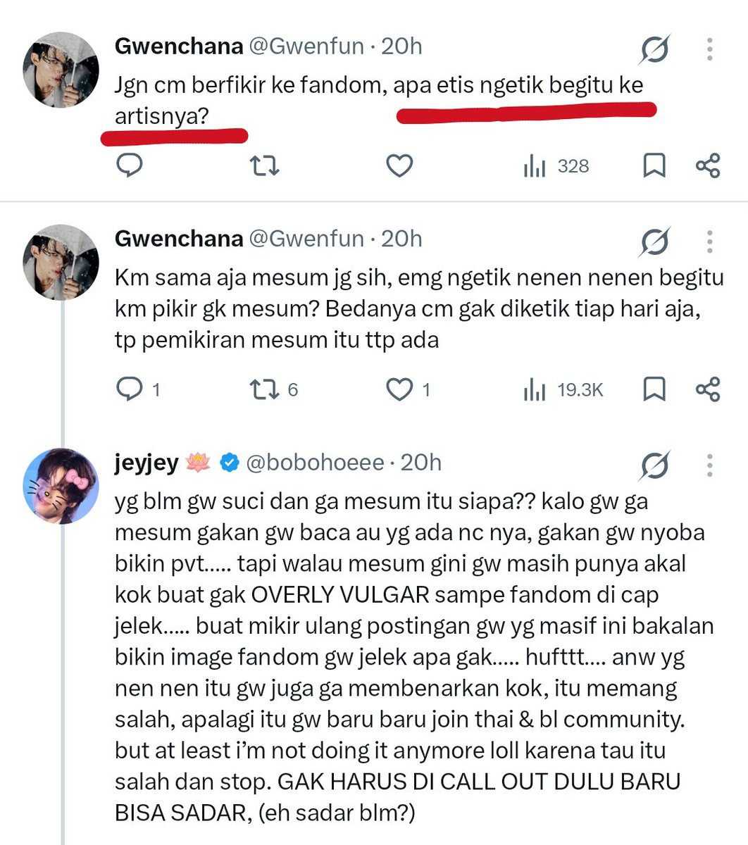 Gwenfun's tweet photo. Goblok bgt gk pada paham ketikan gua. Nih literasi! Pahami yg gw garisin. Kalian semua emang mikir ke fandom doang, tp udah mikir ke artisnya blm?? Apa pantes ngetik nenen ke artisnya? Pgn bgt nenennya tuh. Bknnya itu namanya sexsualizing??? Dan kalian menormalisasikan itu?? https://t.co/fZT9s4yOOe