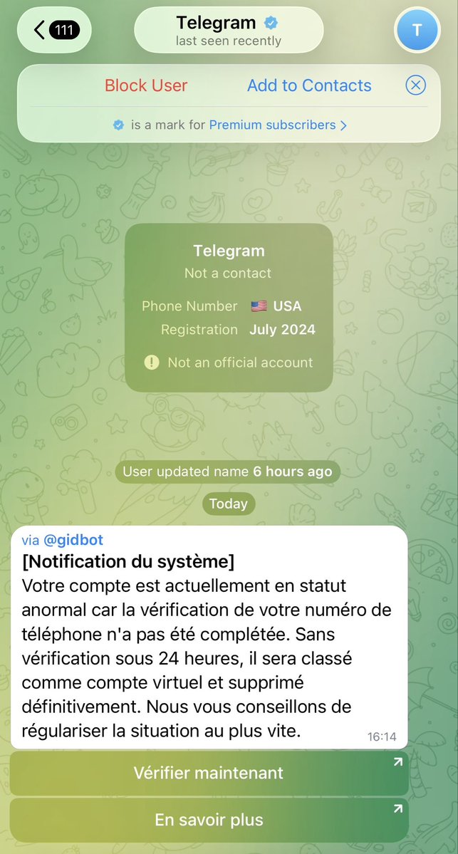 MitraHejazipour's tweet photo. مراقب این روش هک توی تلگرام باشید. 
اسم اکانت رو گذاشتن «Telegram»، تیک آبی هم داره و براتون پیام میاد که شماره‌تون تأیید نشده و اگه تا ۲۴ ساعت تأییدش نکنید، اکانتتون حذف میشه. در حالی که این اکانت غیررسمیه و اگه روی لینک داخل پیام کلیک کنید اکانتتون هک میشه. https://t.co/I6uOuESPki