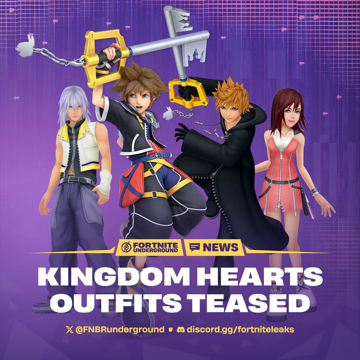 FNBRunderground's tweet photo. ICYMI - Here are the Outfits that have been teased for the Kingdom Hearts collab 🗝️ 

💙 Riku
❤️ Sora
💛 Roxas
🩷 Kairi

Available in the #Fortnite Shop later this week. https://t.co/Jk3pGiMUPQ
