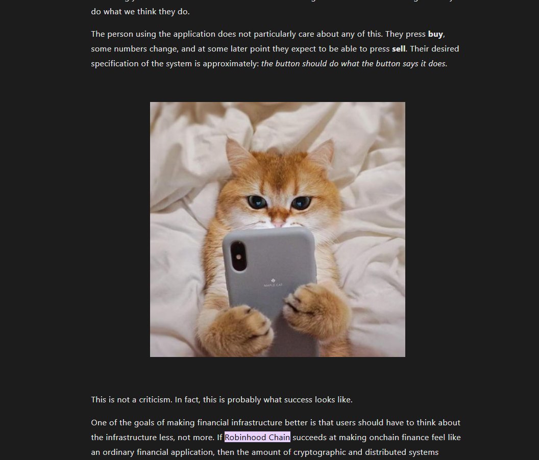 RiskOnRiskOffRH's tweet photo. Vitalik just his blog on the chain and if you go the most recent post he talks about robinhood chain
https://t.co/JXyKDhZmrT

In the blog he has a meme of a cat on a phone saying that the people who invest are clueless and just buy and sell
https://t.co/v3n94qwZ9H

Perfect time to run catonfone, sol has apeonfone, we have catonphone