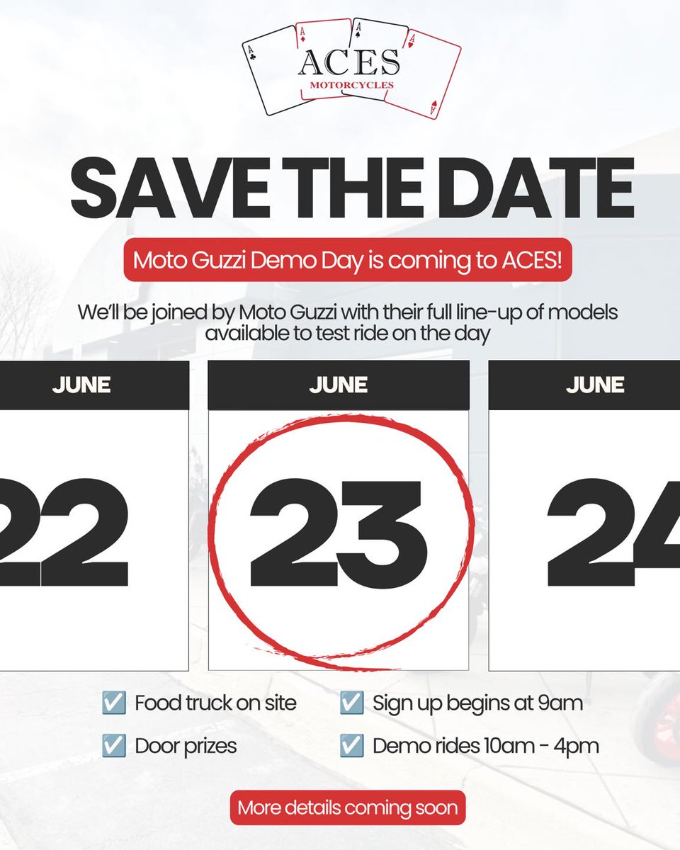 MilesBraam's tweet photo. Moto Guzzi Demo Day at ACES Motorcycles, June 23. Sign-ups start at 9 AM, rides run 10 AM–4 PM. Test the V100 Mandello, V7, and adventure models. Food truck and prizes all day. Valid endorsement and proper gear required. https://t.co/AN8m8UcM3g
