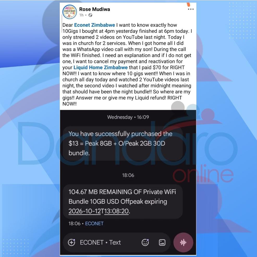 DandaroOnline's tweet photo. #dandarostreets Content creator Rose Mudiwa has publicly called on Econet to explain how her 10GB data bundle, purchased for US$13 at 4PM on Wednesday, was almost completely depleted by 6PM the following day.

Mudiwa said she only watched two YouTube videos, attended two church services and made one WhatsApp video call to her son before discovering that just 104.67MB remained.

She questioned why a video watched after midnight was not deducted from her night bundle, demanding clarity on how her data was consumed.

Follow Our WhatsApp Channel:
https://t.co/cYTwWjSLzD