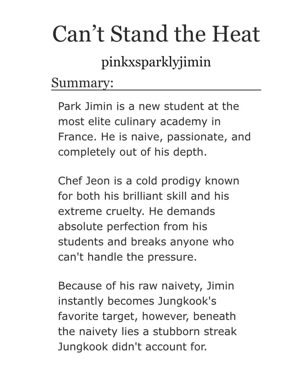 psuedomyn's tweet photo. @starmaryberry Can’t Stand the Heat by pinkxsparklyjimin

🥖 bratty, submissive, stubborn, ambitious jimin
🥖 stubborn, dom, emotionally repressed jeongguk
👨‍🍳 the epitome and peak of romance in the big city paris. c’est incroyable! 

🔗 https://t.co/MXI9FEApqT https://t.co/37vAbD0Inj