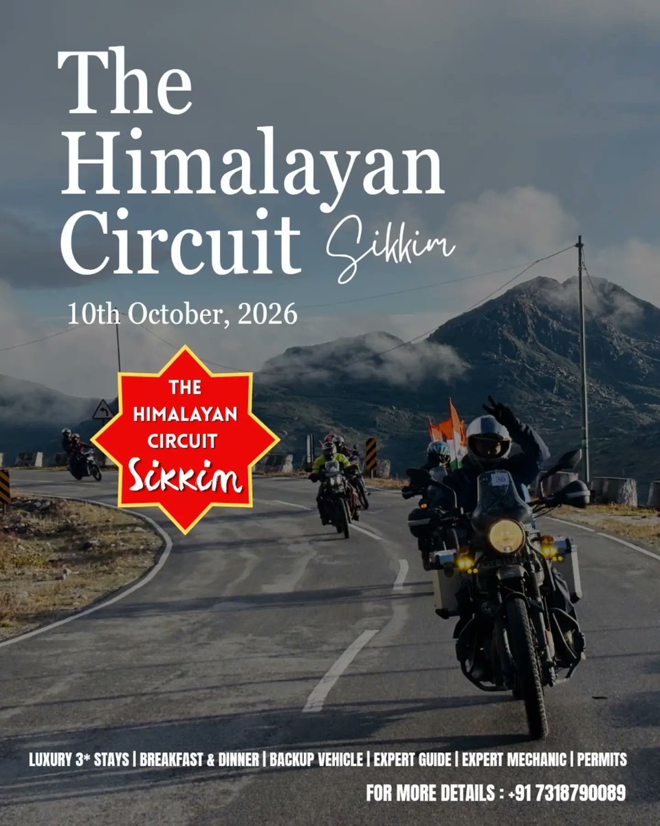 KishaLisby's tweet photo. The Himalayan Circuit: Adventure Moto Expedition in Sikkim. Conquer iconic mountain passes, explore vibrant local culture, and ride through majestic Himalayan landscapes. Limited slots available. DM for details and registration. https://t.co/7twIOQ8OVS