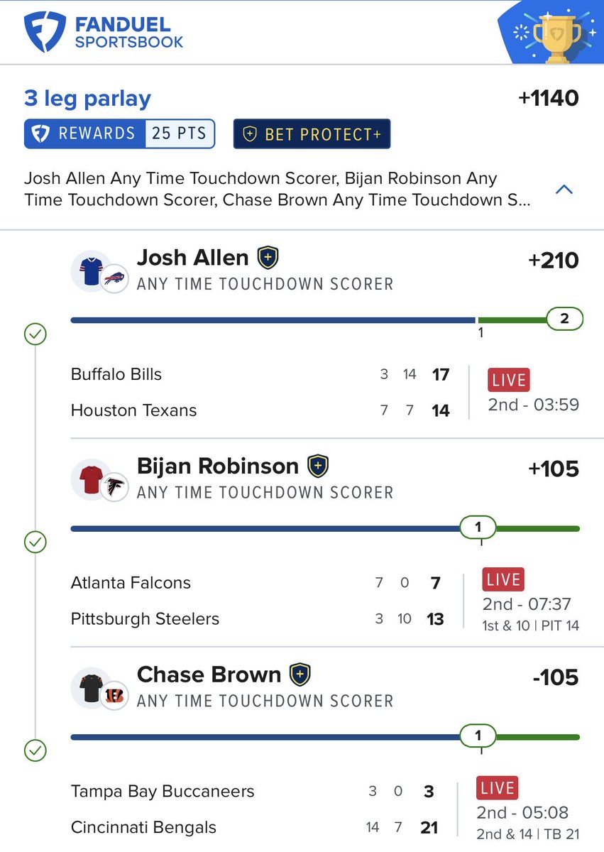 Ecombets's tweet photo. NFL 3 legs already ✅ live. This is what happens when you calculate instead of guess. 📊

#NFL #ZTR #ZonePicks #NFLProps #TouchdownProps https://t.co/btJa1El9Sl
