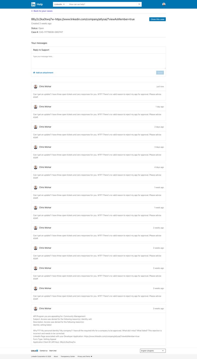 molnarchris's tweet photo. How bad is @LinkedIn developer support? They've made their approval process for API access more strict and as result I had a new app application denied over 4 weeks ago. I've opened 3 support tickets and not one has gotten a response. Ultra bad #developersupport. @LinkedInHelp https://t.co/i55vYD8C1Z