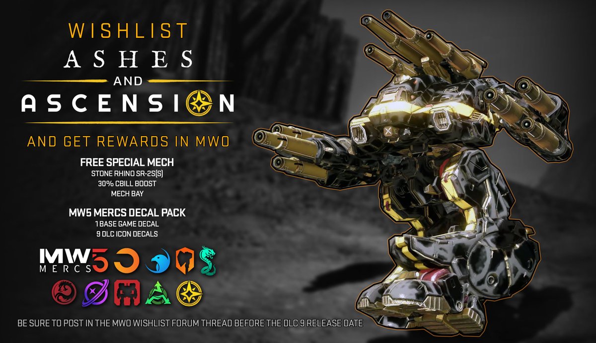MechWarriorF2P's tweet photo. WISHLIST ASHES AND ASCENSION AND GET REWARDS IN MECHWARRIOR ONLINE! https://t.co/U23jjbttsM https://t.co/04pKLz13un