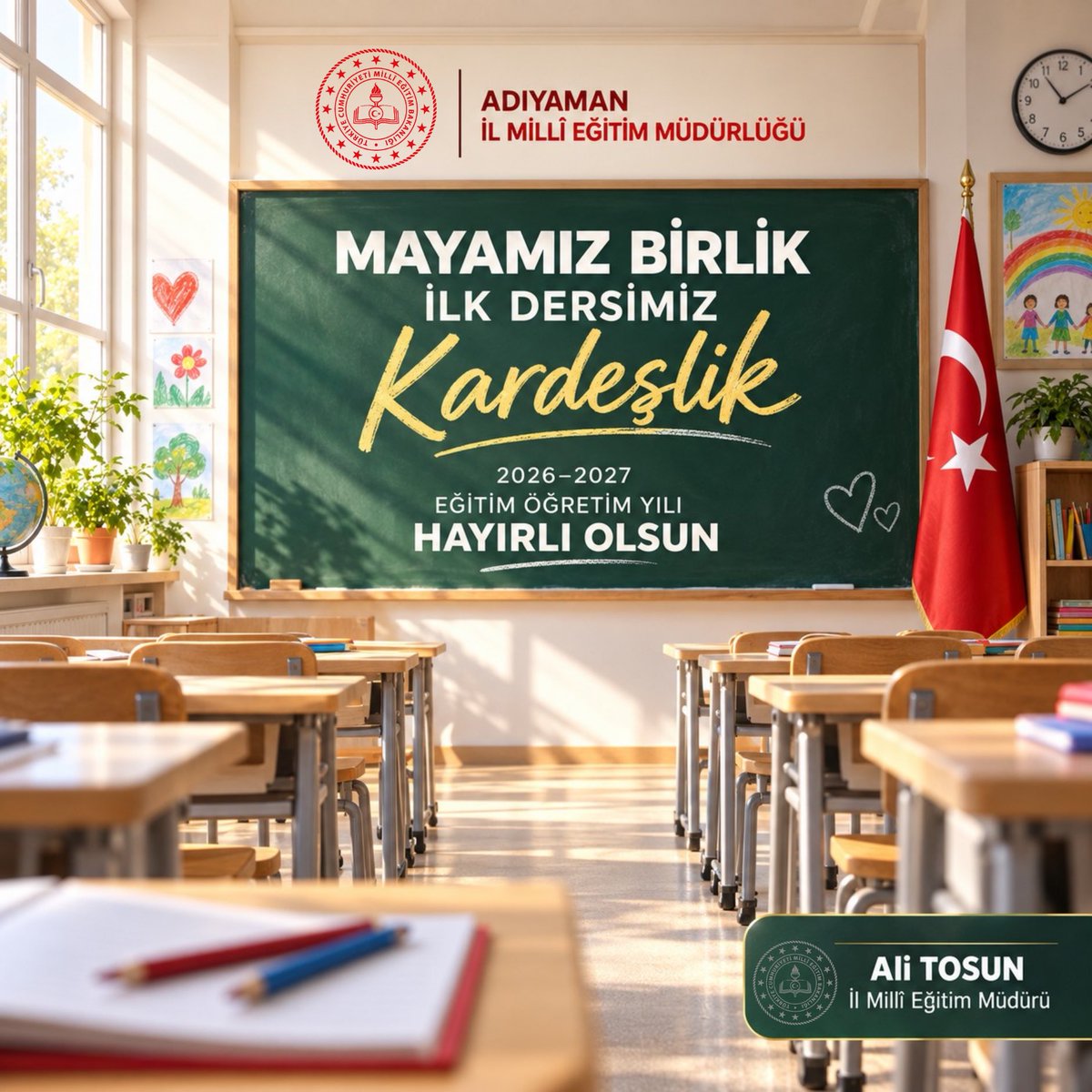 adiyamanmem's tweet photo. Sevgili Öğrencilerim, Kıymetli Öğretmenlerim, Değerli Velilerimiz,

Yeni bir eğitim öğretim yılına; çocuklarımızın heyecanı, öğretmenlerimizin emeği ve ailelerimizin desteğiyle yeniden başlıyoruz.

“Mayamız Birlik, İlk Dersimiz Kardeşlik” anlayışıyla; bu yıl “Maarifin Kalbinde Oyun” diyerek öğrenmenin neşesini, paylaşmanın güzelliğini ve birlikte büyümenin değerini okullarımızda daha güçlü yaşayacağız.

2026-2027 Eğitim Öğretim Yılı’nın ve İlköğretim Haftası’nın Adıyaman’ımıza ve tüm eğitim ailemize sağlık, huzur, başarı ve mutluluk getirmesini diliyorum.

Yeni eğitim öğretim yılımız hayırlı olsun.

Ali Tosun
İl Millî Eğitim Müdürü

@tcmeb 
@Yusuf__Tekin 
@ali_tosun77