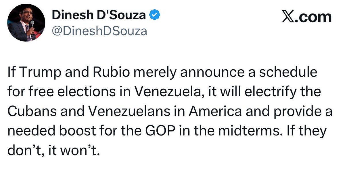 OrlvndoA's tweet photo. #AHORA | Importante aliado de Trump, @DineshDSouza:

“Si Trump y Rubio anuncian un cronograma de elecciones libres en Venezuela, eso electrizará a cubanos y venezolanos en EEUU y proporcionará el impulso necesario para el Partido Republicano en las elecciones de medio término”. https://t.co/n9X6uA8XB8