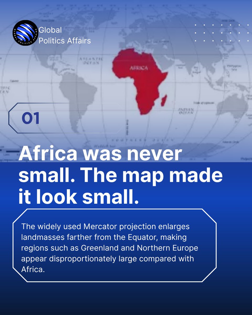 GPAffairs1's tweet photo. THE MAP WAS WRONG: AFRICA WAS NEVER AS SMALL AS WE THOUGHT.

For centuries, the maps we grew up with shaped how we understood the world but some projections distort reality. hy, power, and our place in the world.
Swipe through to see the real scale of Africa. 🌍
#mapprojection https://t.co/jPiyeJWbqa