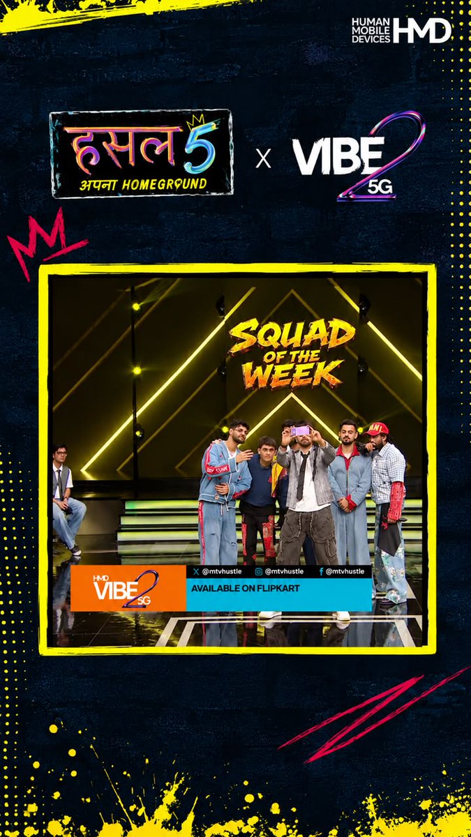 HMDdevicesIN's tweet photo. From the Hustle stage to the squad selfie - VIBE2 5G makes sure every Vibe gets captured. 📸⚡

#Hustle5 #HMDVibe2 #Vibe2 #Vibe25G #HMD #HMDIndia #MTVHustle #ApnaHomeground #SquadOfTheWeek

(Hustle 5, HMD VIBE2 5G, VIBE2 5G, MTV Hustle, Apna Homeground, Squad of the Week, selfie, smartphone camera, selfie camera, squad selfie, capturing moments, 5G smartphone, HMD India, Hustle moments, Vibe)