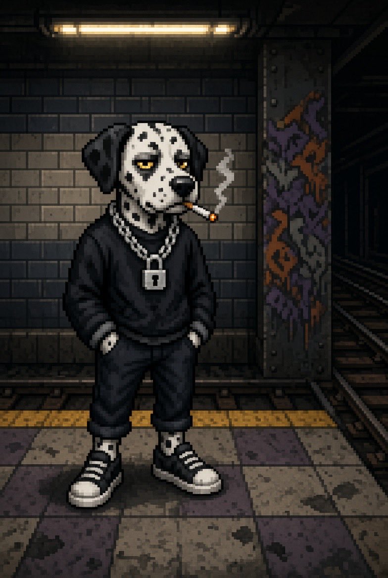 ChainDogss's tweet photo. Spot

Moves between stops like a rumor. Spot learned early that trains don’t ask questions and neither should you. He runs packages through the tunnels, never the same car twice. The silver chain has a lock on it because he says freedom is just a prettier cage. Cigarette ash hits the platform before the train does. If you see spots in the tunnel glass, you already missed him. #pumpfun #crypto #MemeBitcoin #FOMO #gmgn