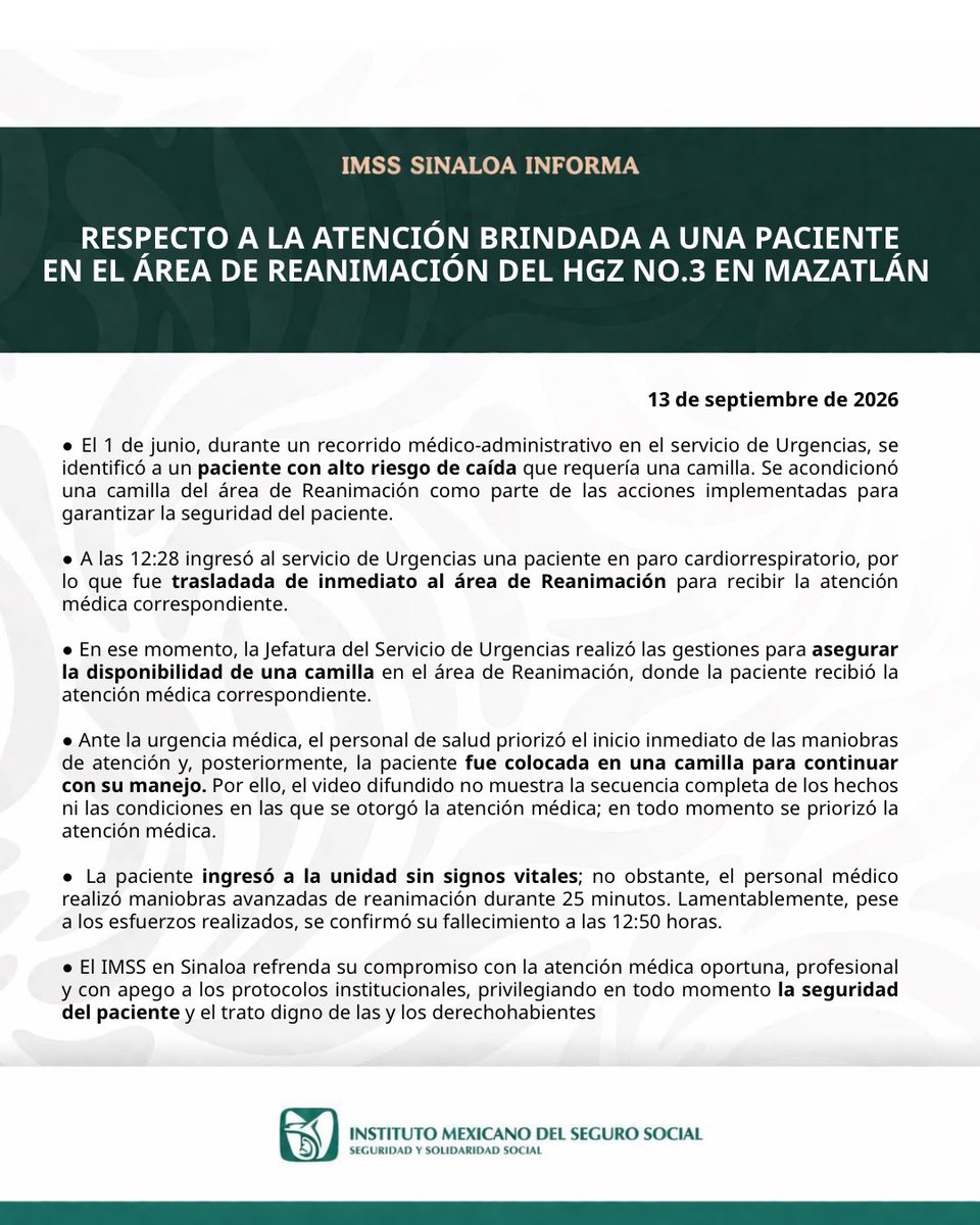 ImssSinaloa's tweet photo. @lunadeandromeda #IMSSSinaloa Informa | Respecto a la atención brindada a una paciente en el área de reanimación del HGZ No3 en Mazatlán https://t.co/jTcwsMl5Mr