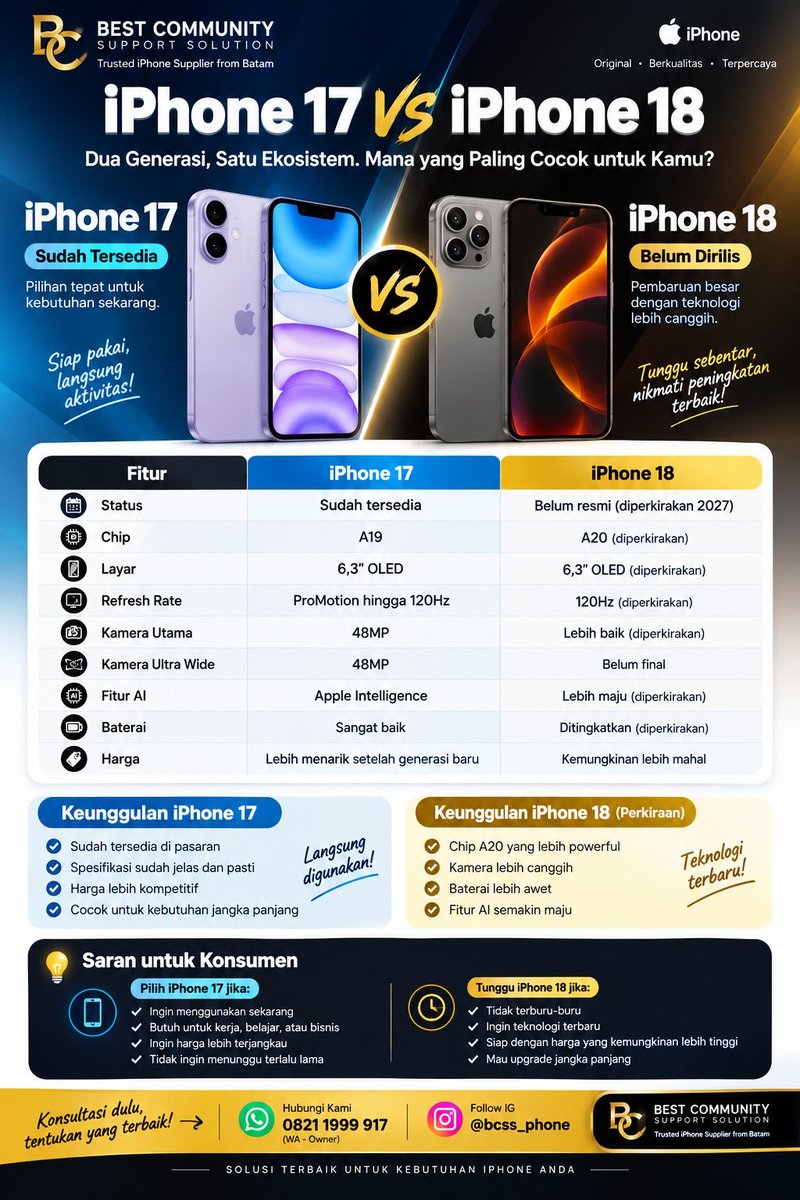 bcss_phone's tweet photo. Kalau yang dimaksud iPhone 17 reguler vs iPhone 18 reguler, ada hal penting: per 14 September 2026, iPhone 18 reguler belum resmi dirilis. Apple baru memperkenalkan iPhone 18 Pro dan 18 Pro Max pada September 2026; iPhone 18 reguler diperkirakan baru hadir pada 2027. https://t.co/BEyNdtCCAo