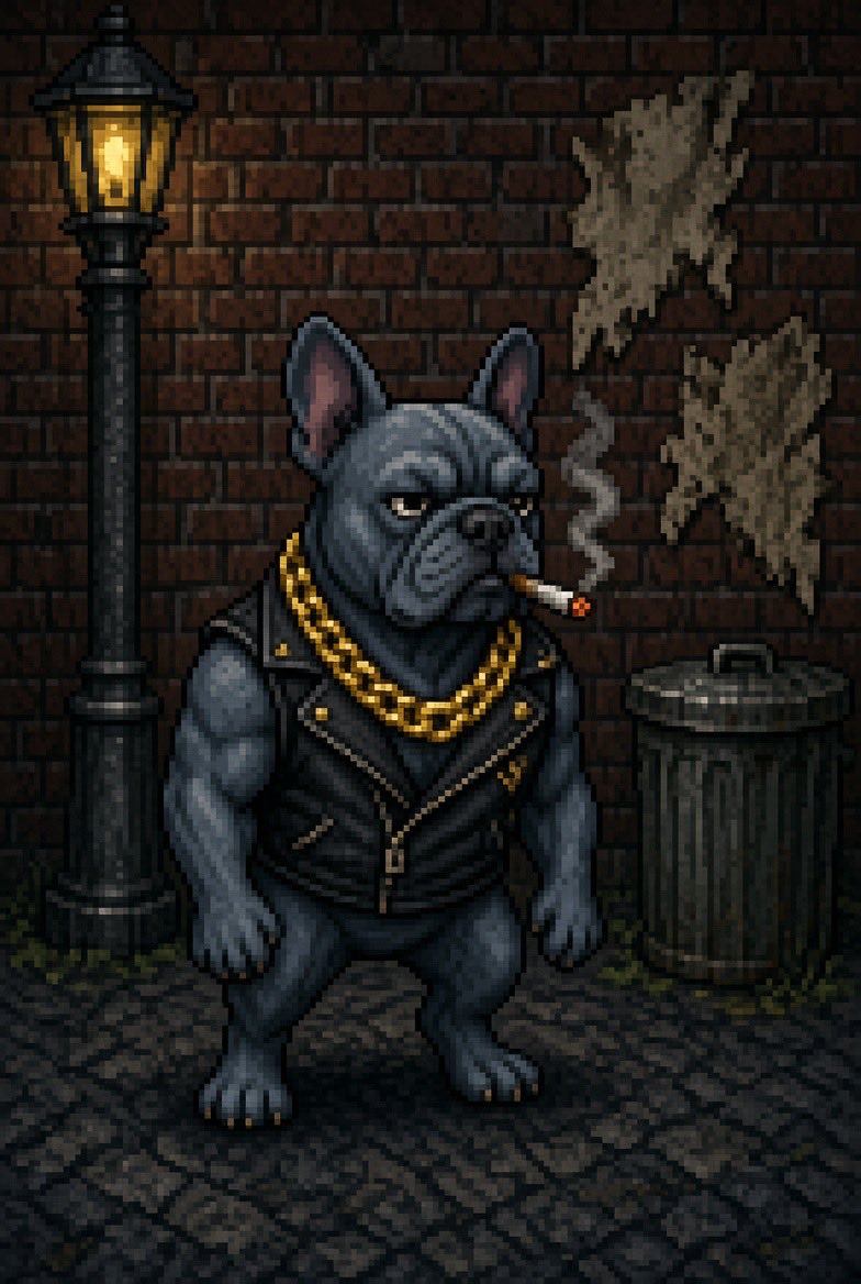 ChainDogss's tweet photo. Chop

Short king of the stoop. Chop doesn’t chase — he waits. Anybody who needs a door watched, a message delivered, or a problem sat on until it stops moving comes to the lamp. The chain is too big on purpose. He wants you looking at the gold instead of the teeth. Cigarette stays half-burned because he never rushes a sit-down. When Chop stands up, the conversation is already over. #pumpfun #crypto #MemeBitcoin #FOMO #gmgn
