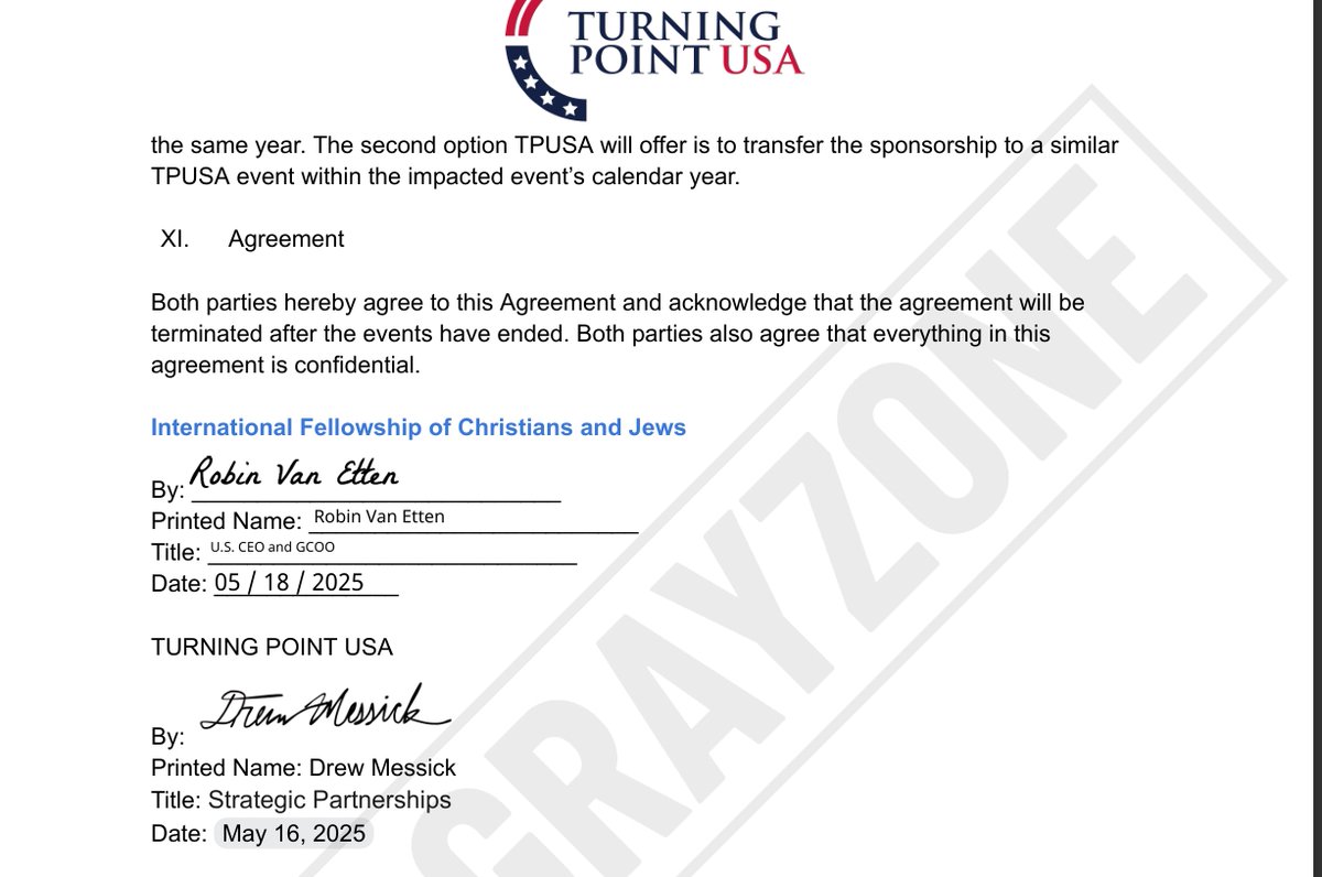 DOCMAGA1's tweet photo. 🚨 DID CHARLIE KIRK KNOW ABOUT THE TPUSA–IFCJ PARTNERSHIP? THE EVIDENCE SAYS  ABSOLUTELY HE DID.

Grifters are trying to say this contract was a betrayal of Charlie Kirk because he was leaving the cause?

You have to be kidding me. There is nothing unusual about this contract, who signed it and why. 

I investigated the actual department at TPUSA responsible for these relationships.

The reported $700,000 agreement wasn't randomly signed by someone in accounting or an unrelated employee.

Drew Messick signed it for TPUSA under STRATEGIC PARTNERSHIPS which is the operation responsible for sponsorship relationships.

TPUSA itself describes its Sponsorship team as handling partnerships across its national events, podcasts and digital channels and says it works with hundreds of companies.

So Messick signing the agreement is completely consistent with the department responsible for executing this type of deal.

But here's where the claim that Charlie somehow didn't know about the IFCJ relationship falls apart.

AFTER the May 2025 agreement:

** IFCJ became a sponsor of CHARLIE'S OWN PROGRAM. HIS OWN PROGRAM

TBN's archived July 21, 22, 23, 29 and 30 broadcasts of Charlie Kirk Today explicitly announce:

“Brought to you in part by the International Fellowship of Christians and Jews.”

*** On the July 23 program, IFCJ President and Global CEO Yael Eckstein actually appears in the program.

** On July 25, Charlie's program contains IFCJ material and Charlie himself says of the Fellowship:

CHARLIE KIRK DIRECT QUOTE

“It’s one of a kind ministry that has my full support.”

Read that again.

MY FULL SUPPORT.

** And then we have Charlie HIMSELF meeting IFCJ President Yael Eckstein in his studio.

According to Eckstein, it was supposed to be a 10–15 minute meeting.

How long did Charlie have him on? 90 minutes
READ THAT AGAIN--a 10-15 interview Charlie had them on for 90 minutes

What was the topic: ISRAEL AND the PRINCIPLES THAT:

 “bound our work together.”

 IFCJ later publicly called Charlie a “friend of Israel and The Fellowship” and said he had “lent his show as a platform for Yael.”

Trying to Claim this contract was unusual or Charlie did not know is GARBAGE, garbage reporting, garbage insinuation, garbage bin grifting. 

You literally could have found this out in 30 minutes of research, but that would require truth, something grifters know ZERO ABOUT.