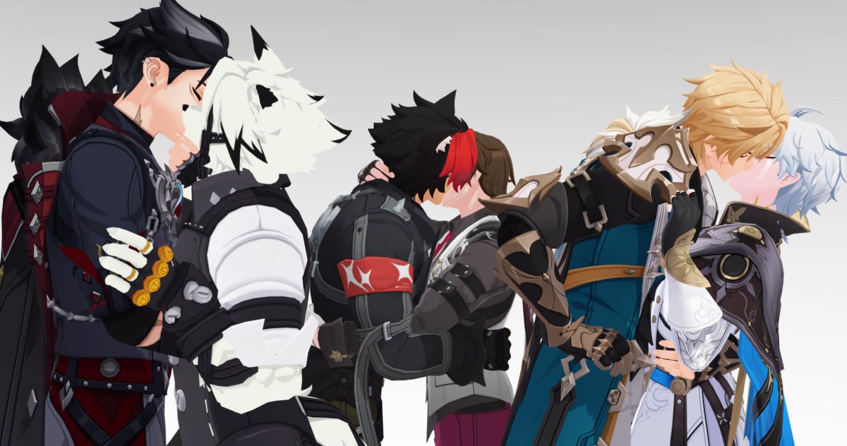 aikothederp's tweet photo. "What if, a Poly Kiss with some of the boys" -> your answer https://t.co/3OofYKoSVw

Dog boys + puppy Phainon smooch. I hope this is okay- #wriothesley #varka #komanomanato #gallagher #phainon #vonlycaon https://t.co/6CRCLtgVjG