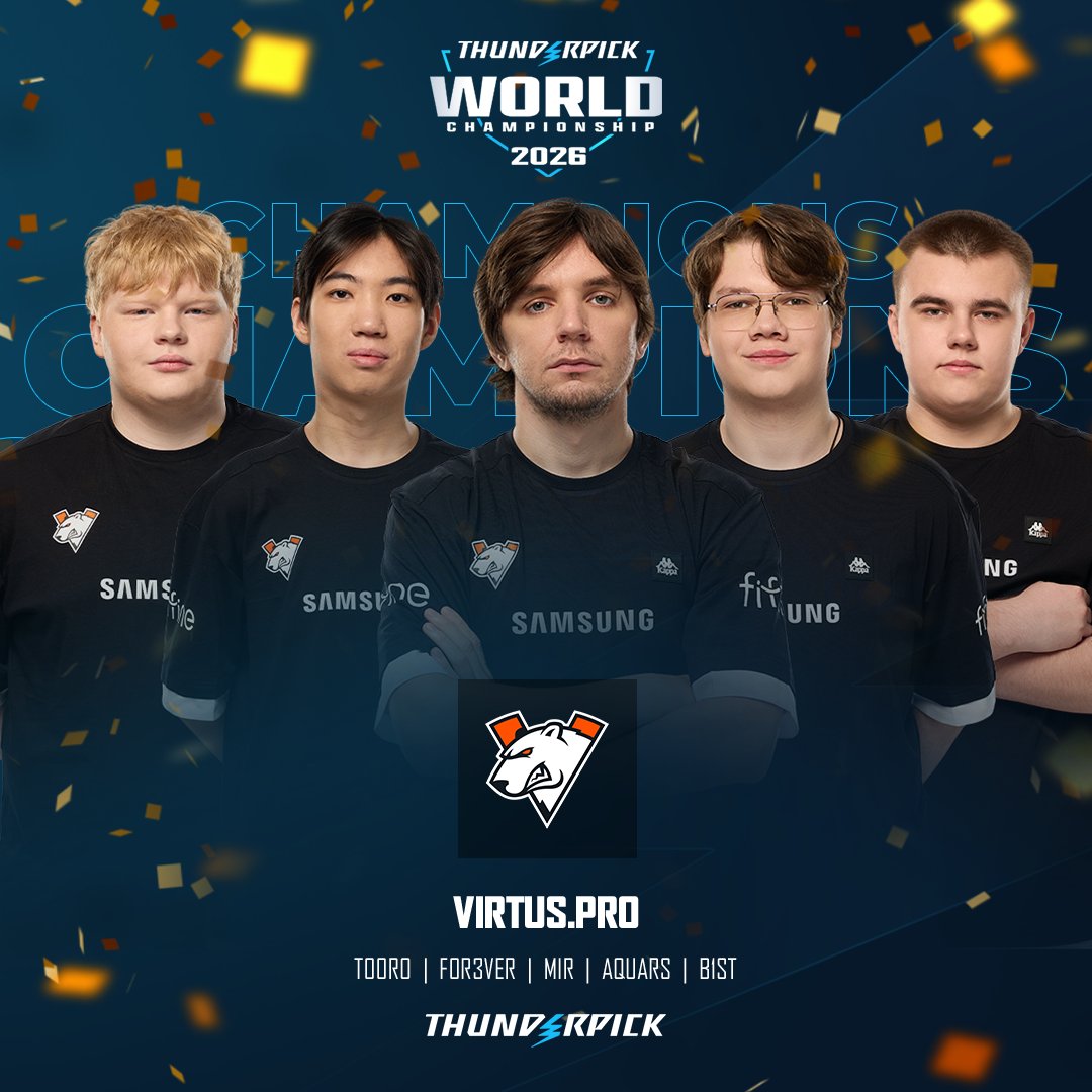 thunderpickco's tweet photo. .@virtuspro ARE YOUR #ThunderpickWC 2026 CLOSED QUALIFIER CHAMPIONS! 🏆

🟡 tO0RO
🟡 F0R3VER
🟡 mir
🟡 AquaRS
🟡 b1st https://t.co/zvzYUAfYEP
