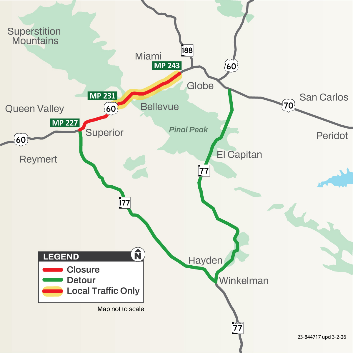 A highway map graphic shows a project area on US 60 between Superior Arizona and Miami Arizona. A local traffic route is highlighted in yellow and detour routes in green.