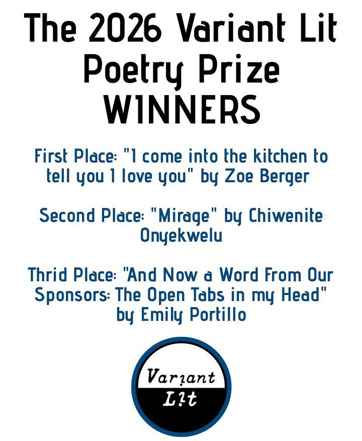 Chiwenite_O's tweet photo. I have emerged second-place winner of the 2026 Variant Lit Poetry Prize.

I'm grateful to the wonderful judge, Todd Dillard, to the amazing Megan Nichols and all the editors at Variant Lit. 🙌🏾 

Congratulations to the winners &amp; to everyone on the shortlist. 💎 https://t.co/oHl3U4MoPM