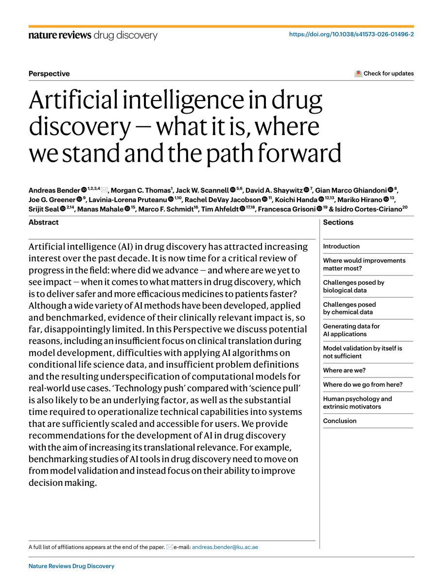 biogerontology's tweet photo. Bender, Scannell, Shaywitz and colleagues in NRDD: a decade of AI in drug discovery, clinically relevant impact still limited. Their fix is right. Stop benchmarking model accuracy; benchmark whether the tool changes a real Go/No-Go. We proved translation is possible with Rentosertib. https://t.co/ZaSpPN2RuA