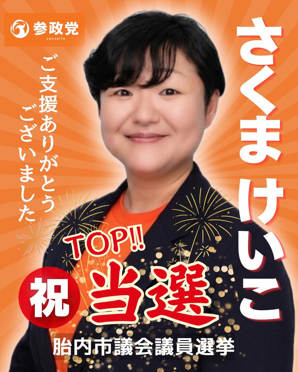 sansei411's tweet photo. 【選挙結果ご報告】

以下、参政党公認候補が
当選いたしました。

-------
○沖縄市議会議員選挙
【高江洲よしつね】
【吉田ゆうり】

○石垣市議会議員選挙
【徳村まさつぐ】

○宜野湾市議会議員選挙
【おどくみ】

○新潟県胎内市議会議員選挙
【さくまけいこ】
-------

本当にたくさんのご支援、
そして温かいお力添えを賜り、
心より感謝申し上げます。

皆さまからいただいたご期待を胸に、
これから参政党議員として、
地域の発展、
そして日本の未来のために、
誠心誠意、活動してまいります。

今後とも変わらぬご指導、
ご支援を賜りますよう、
よろしくお願い申し上げます。